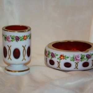 Czech Bohemian Red Cased to White Glass Ashtray & Match Holder LOT 4367